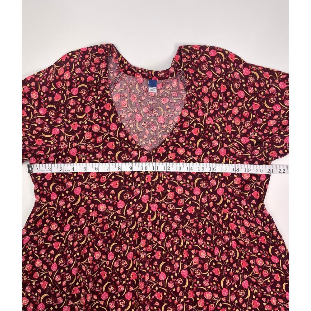 Old Navy Burgundy Floral V Neck Short Sleeve Swing Dress Size Medium - Picture 6 of 10